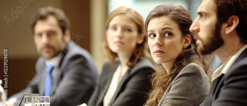 White woman with long brown hair looking sideways with a concerned expression during a business meeting with three other adults in a conference room Concept of corporate  teamwork  and communication