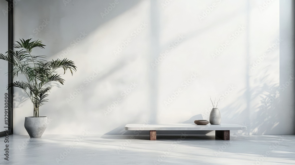 Minimalist interior design with plant and natural light shadows Minimalist interior design with plant and natural light shadows