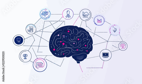 Digital AI Brain Concept with Interactive Icons Representing Chatbot Technology