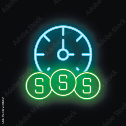 Neon sign illustrating the concept of time being money with a clock ticking over three coins