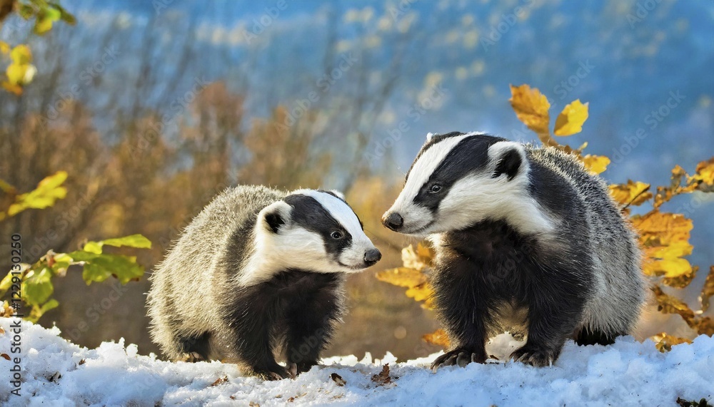 Obraz premium KI generated, animal, animals, mammal, mammals, biotope, habitat, two, autumn, autumn leaves, the first snow, foraging, wildlife, european badger (Meles meles), snow, winter, ice