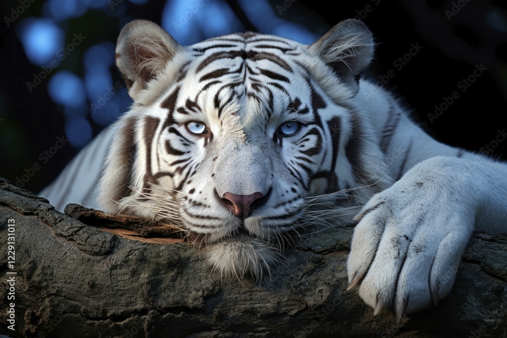 Portrait, white tiger on a branch, AI generated Portrait, white tiger on a branch, AI generated