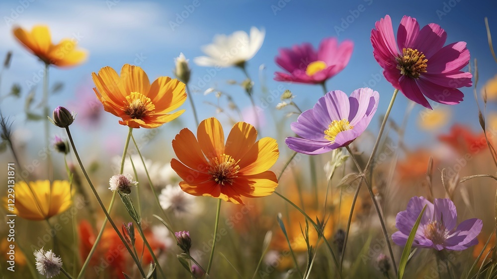 Wildflowers in a meadow, with a soft breeze slightly moving the petals, creating a serene and lively atmosphere, AI generated Wildflowers in a meadow, with a soft breeze slightly moving the petals, creating a serene and lively atmosphere, AI generated
