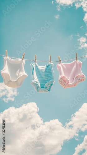 Three baby onesies hanging from clothespins against blue sky.