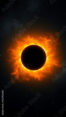 A mesmerizing depiction of a solar eclipse with an intense halo effect, where the glowing corona burns with fiery orange and gold light against a dark cosmic sky.

