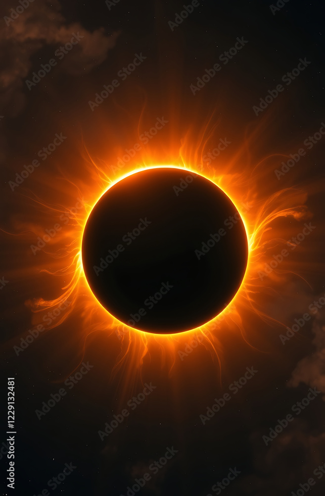 Naklejka premium A mesmerizing depiction of a solar eclipse with an intense halo effect, where the glowing corona burns with fiery orange and gold light against a dark cosmic sky.