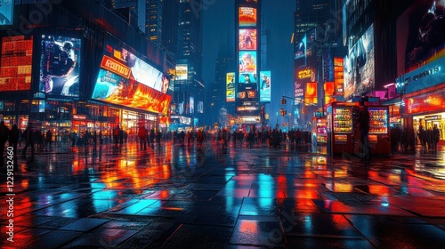 Vibrant nightlife scene times square urban cityscape eye-level dynamic atmosphere