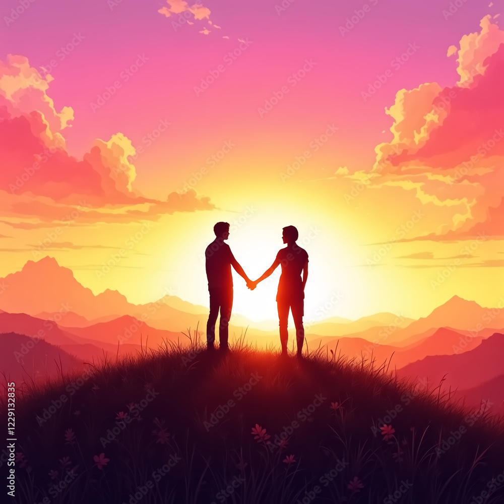 Fototapeta premium Silhouette of a Couple Holding Hands on a Mountain Ridge with a Scenic Sunset Backdrop