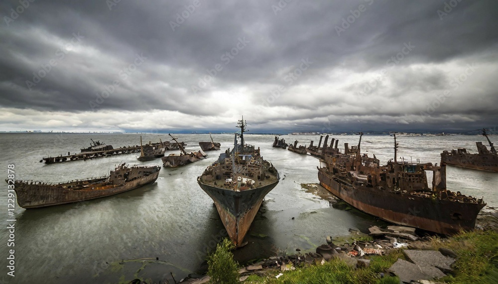 Abandoned and rusty shipwrecks in the sea under an overcast sky, atmosphere melancholic and gloomy, symbol photo ship graveyard, AI generated, AI generated Abandoned and rusty shipwrecks in the sea under an overcast sky, atmosphere melancholic and gloomy, symbol photo ship graveyard, AI generated, AI generated