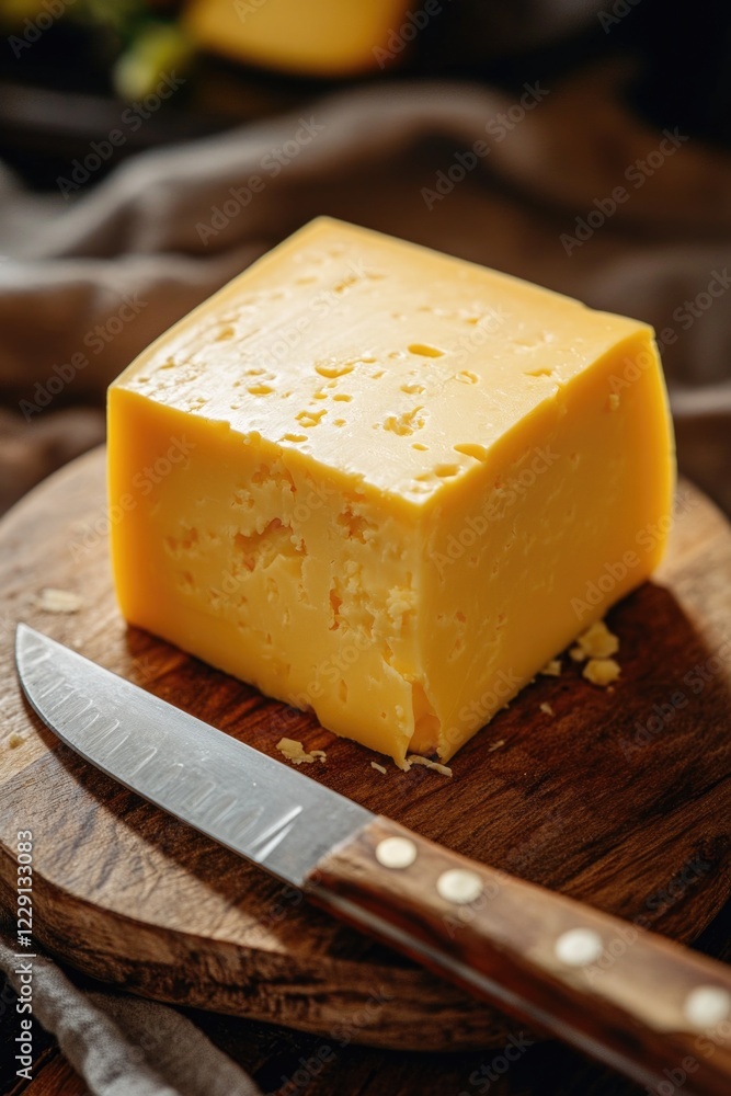 A block of cheese sits atop a wooden cutting board, ready for slicing and serving A block of cheese sits atop a wooden cutting board, ready for slicing and serving