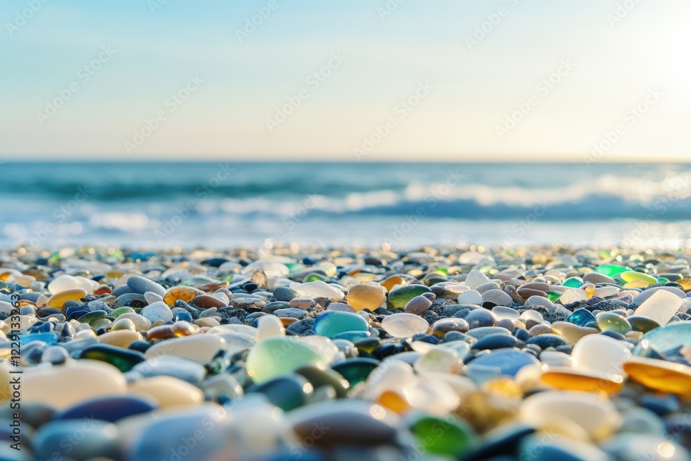 Obraz premium Smooth colorful sea glass on a pebble beach with golden light