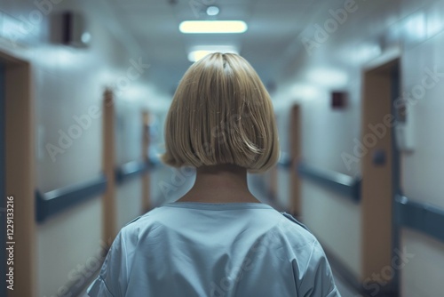 Back view of nurse walking through hospital corridor. KI generiert, generiert, AI generated photo