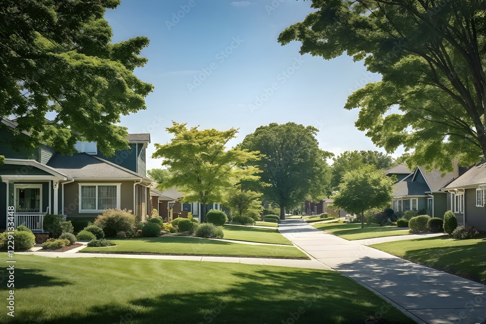 custom made wallpaper toronto digitalA serene suburban street with blooming plants under a bright sky, AI generated