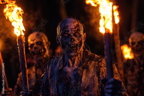 Group of undead creatures holding lit torches, perfect for apocalyptic or horror themes photo