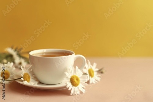 Cup of chamomile tea with flowers on yellow background. KI generiert, generiert AI generated photo