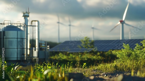 Off-grid e-methanol production using energy from wind farms and solar panels in the background.