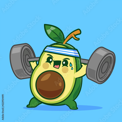 A strong avocado character lifting a barbell with a determined expression.