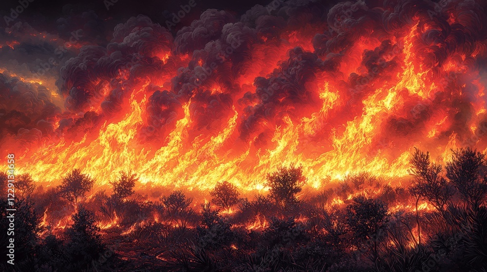 Illustration of a spectacular, scary and dangerous forest fire scene.