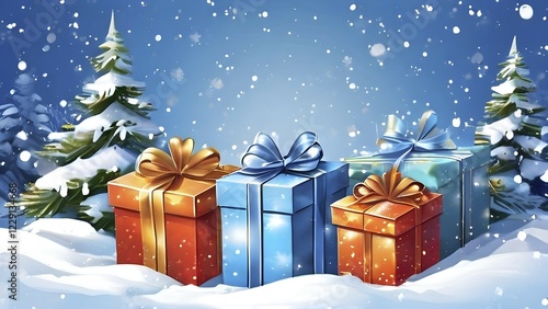 Abstract illustration of wrapped Christmas gifts, shiny ribbons and bows, stacked under a snow-dusted evergreen tree in a snowy outdoor setting, AI generated