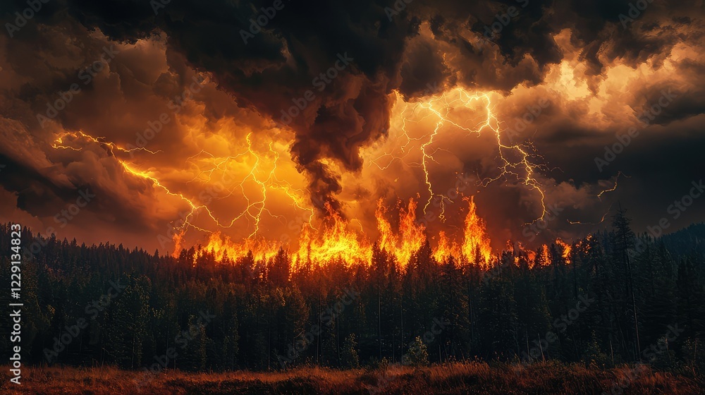 Dramatic Wildfire Scene with Lightning and Dark Stormy Sky Dramatic Wildfire Scene with Lightning and Dark Stormy Sky