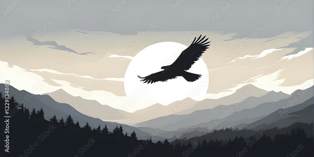 Fototapeta premium Abstract minimalist illustration of a flying bird embodying the concept of freedom, AI generated