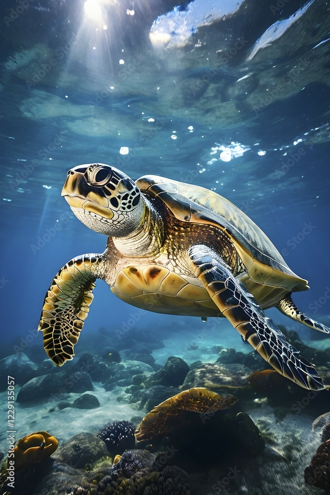 Fototapeta premium Turtle ensnared by plastic debris battles the ocean currents, AI generated