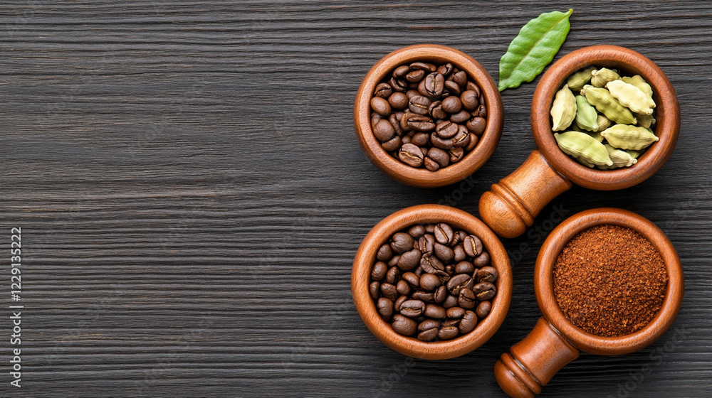 Coffee Preparation Tools Showcasing Various Coffee Beans and Spices on a Rustic Wooden Surface for Perfect Brews Coffee Preparation Tools Showcasing Various Coffee Beans and Spices on a Rustic Wooden Surface for Perfect Brews