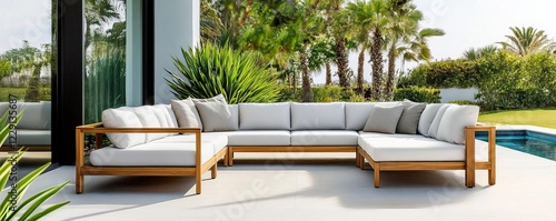 Modern outdoor sectional with smooth teakwood arms and plush cushions