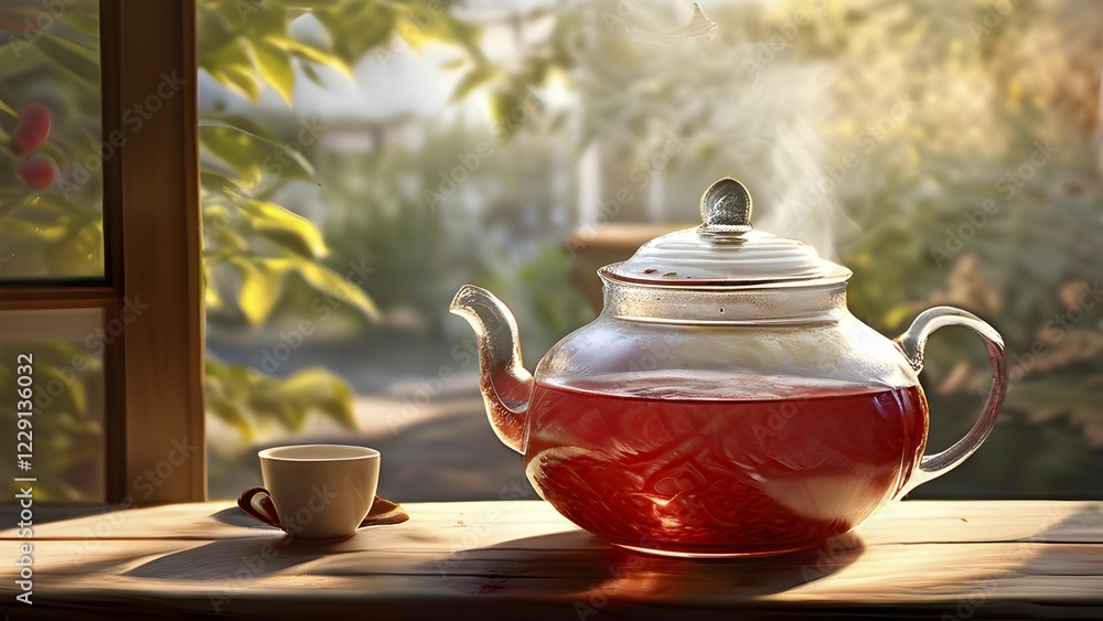 Glassy tea kettle whistling on a rustic wooden table in soft morning sunlight, AI generated Glassy tea kettle whistling on a rustic wooden table in soft morning sunlight, AI generated