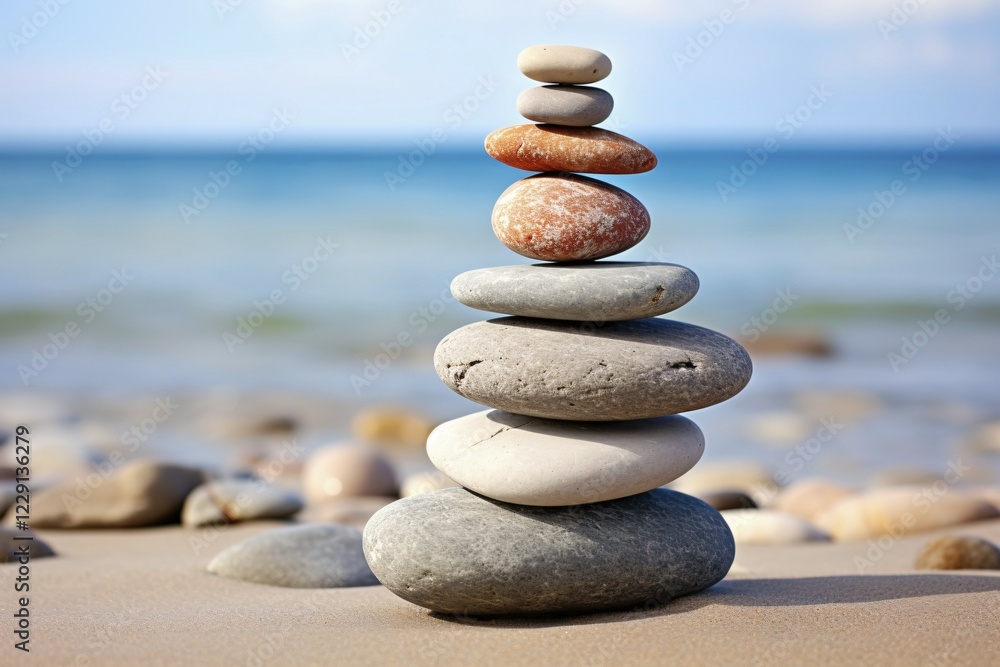 Zen stacking stones at beach. KI generiert, generiert AI generated Zen stacking stones at beach. KI generiert, generiert AI generated