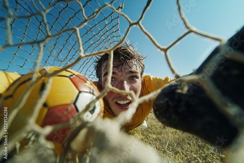 Goalkeeper prepares to leap for ball during an intense soccer match under clear blue sky on a sunny day in the field photo