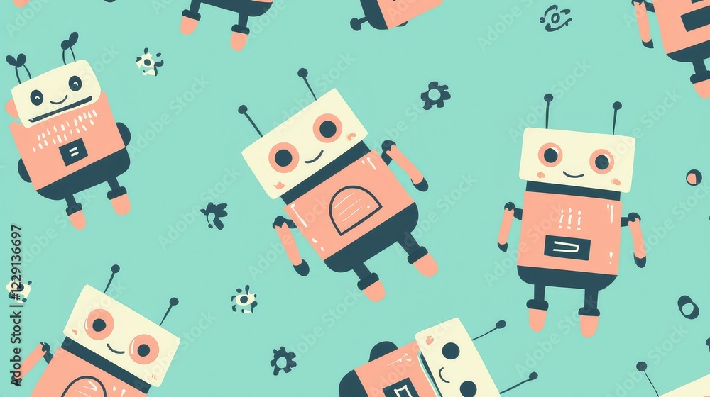 Cute Retro Robot Pattern on Mint Background for Children’s Themes Cute Retro Robot Pattern on Mint Background for Children’s Themes