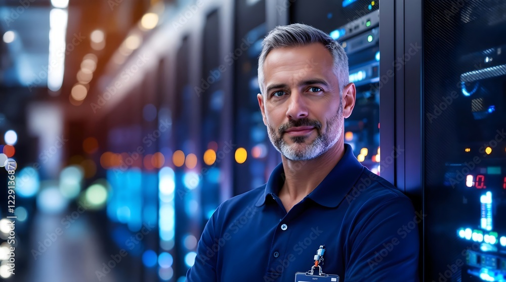 Fototapeta premium IT Specialist Managing Data Servers in a High-Tech Server Room (Industry)