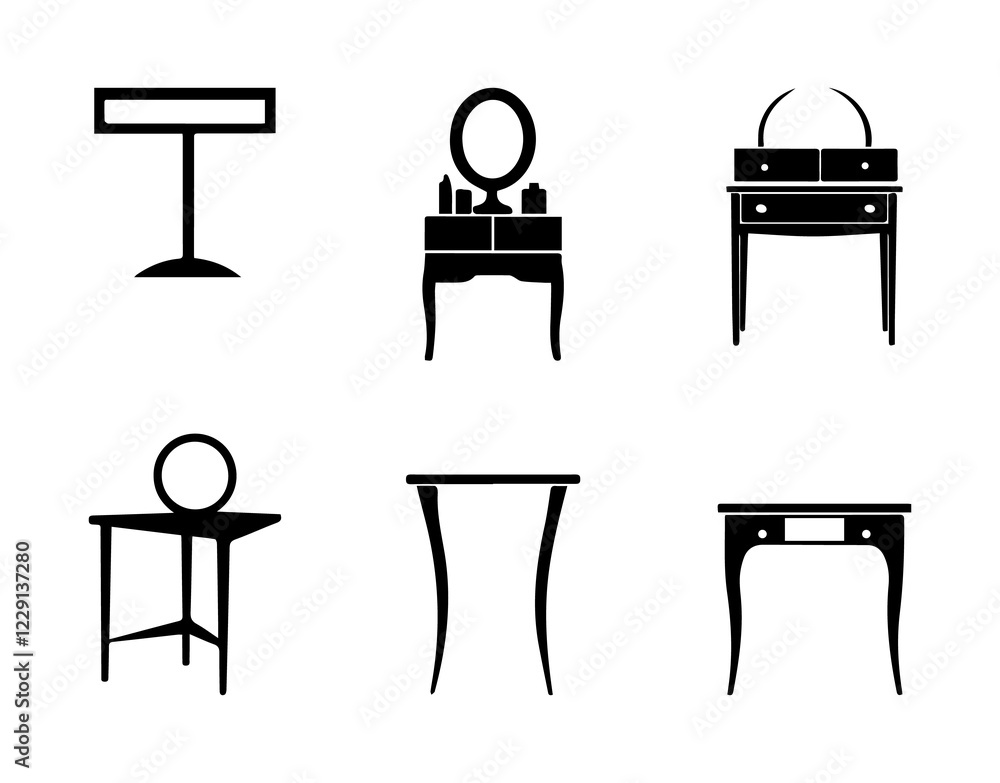 Collection of silhouettes of a dressing table. Template for stencils. A table for cosmetics. Vector illustration. Collection of silhouettes of a dressing table. Template for stencils. A table for cosmetics. Vector illustration.