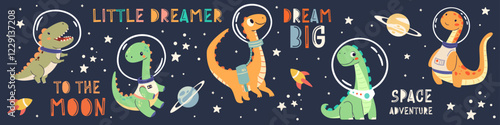 Set of flat vector illustrations in children's simple style. Cute dinosaurs in spacesuits flying in space, space lettering. Vector illustration