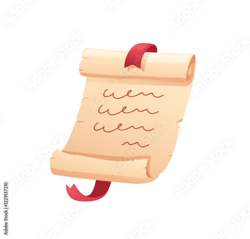 Ancient paper scroll. Vintage manuscript, aged parchment with ribbon. Classic historical document on papyrus. Medieval letter, handwriting text. Flat vector illustration isolated on white background