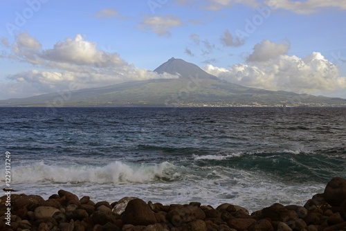 Island and Mt Pico, Porto da Boca da Ribeira, Ponta da Ribeirinha, Faial, Azores, Portugal, Europe photo