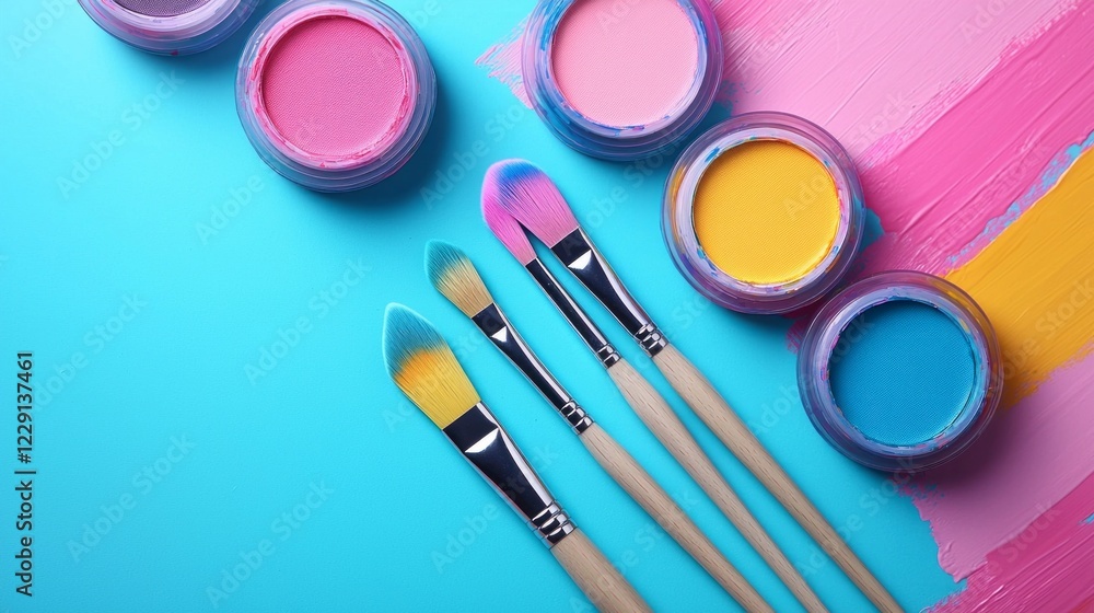 A delightful arrangement of colorful paint jars and brushes brings creativity to life. This artistic display features bright hues on a serene blue background, inspiring artistic expression A delightful arrangement of colorful paint jars and brushes brings creativity to life. This artistic display features bright hues on a serene blue background, inspiring artistic expression