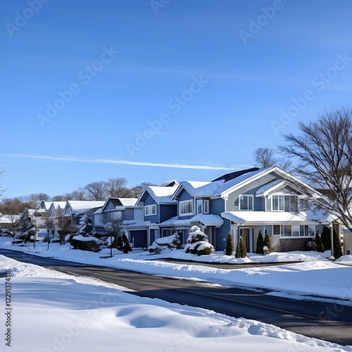 A serene suburban street in winter with snow, AI generated photo