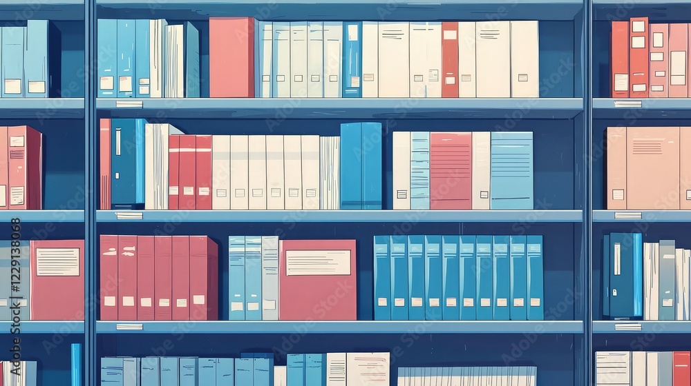 Colorful Shelves Filled With Books and Folders in a Library Setting Colorful Shelves Filled With Books and Folders in a Library Setting