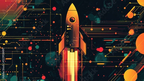 Vibrant Retro Rocket Launch with Colorful Digital Background
