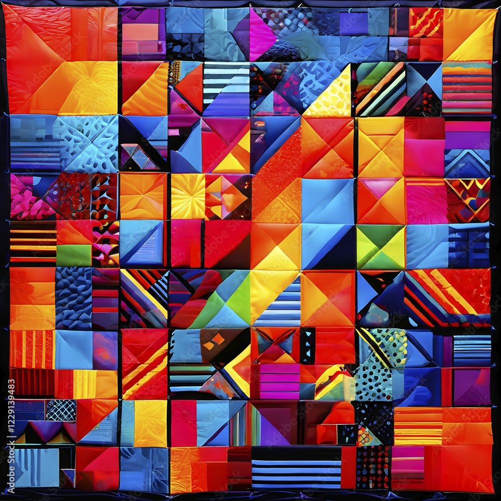 Fototapeta premium Abstract geometric patchwork illustration with vibrant intersecting geometric shapes filled with digital pattern, AI generated