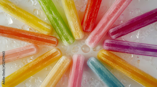 Colorful frozen ice pops arranged in a vibrant circle on crushed ice photo