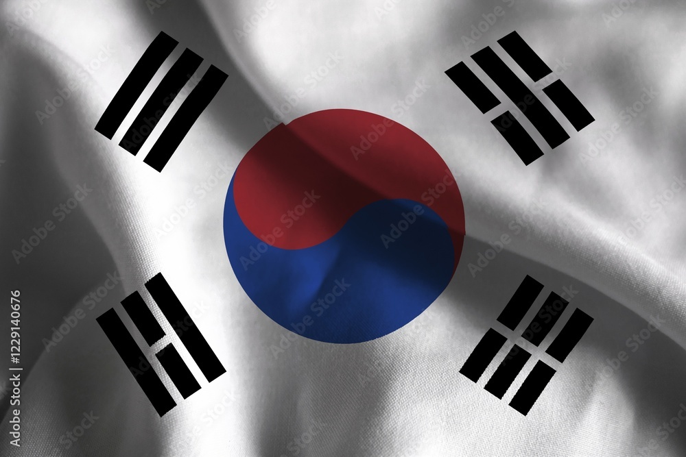 A ruffled fabric flag of South Korea A ruffled fabric flag of South Korea