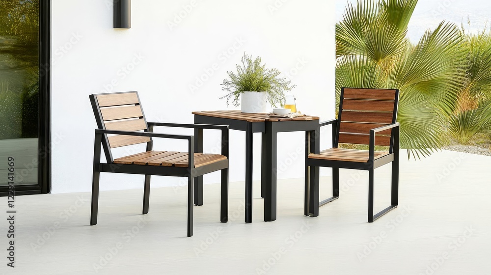 Sleek patio chairs with matte black frames and contoured wood seats Sleek patio chairs with matte black frames and contoured wood seats