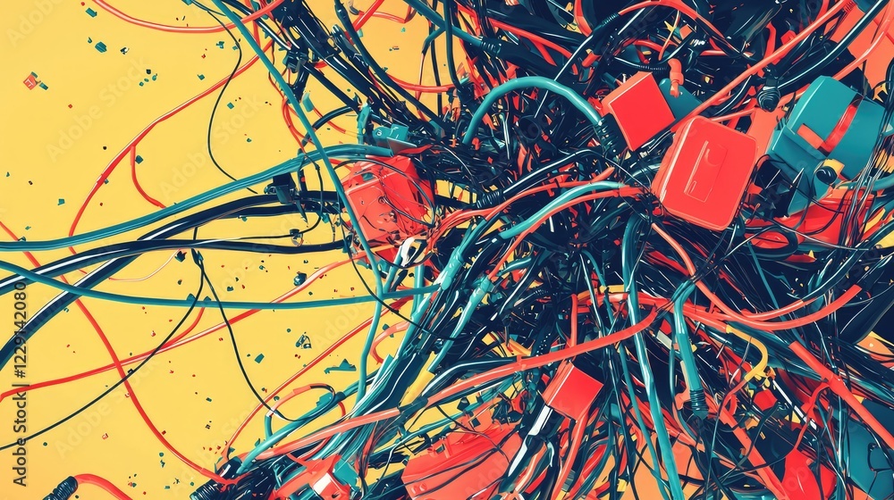 Colorful Tangle of Wires and Cables on Bright Yellow Background Colorful Tangle of Wires and Cables on Bright Yellow Background
