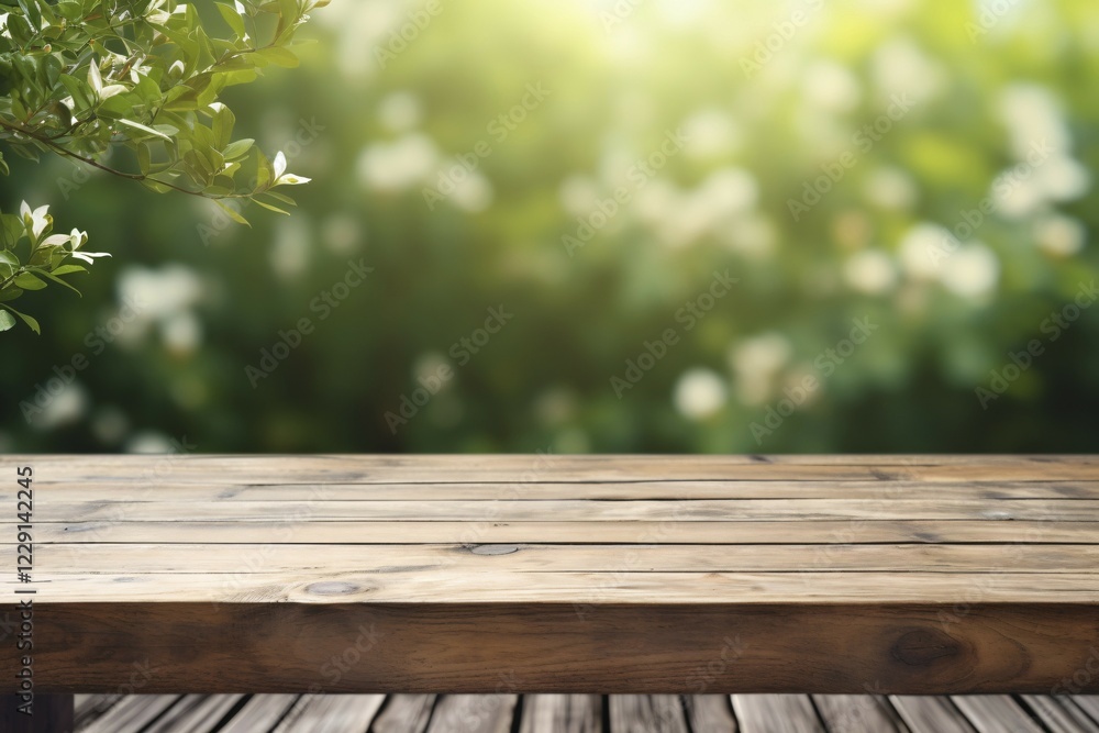 Wooden empty table with blurry nature background. KI generiert, generiert, AI generated Wooden empty table with blurry nature background. KI generiert, generiert, AI generated