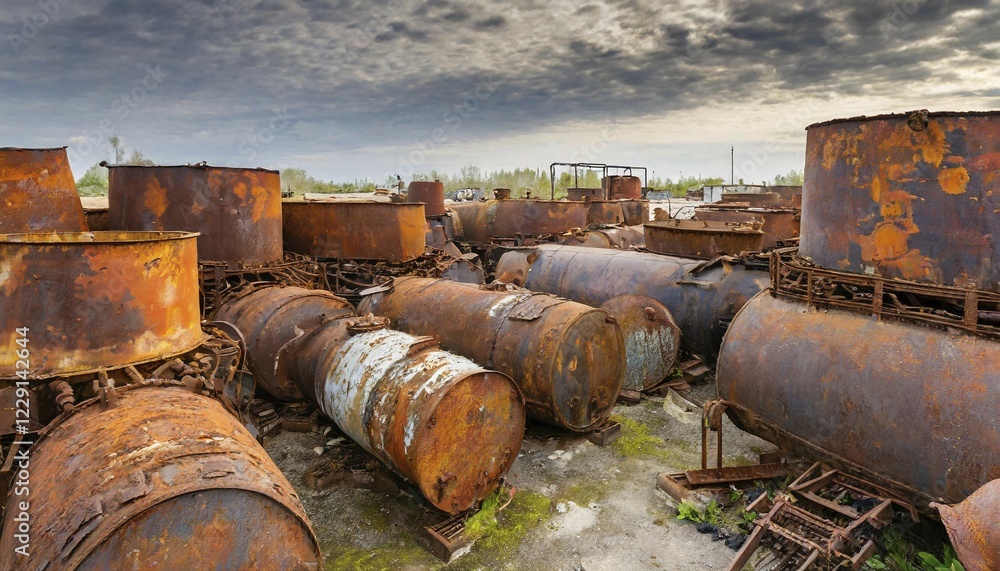 Rusted tanks and metal parts in a scrap yard under a cloudy sky, symbol photo, AI generated, AI generated Rusted tanks and metal parts in a scrap yard under a cloudy sky, symbol photo, AI generated, AI generated
