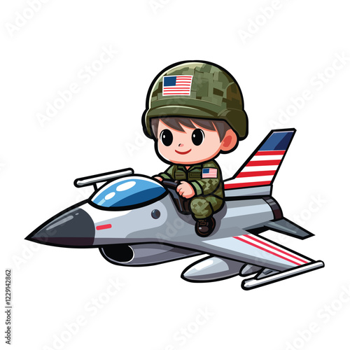 vector clipart a cute Air Force boy cartoon riding a fighter plane