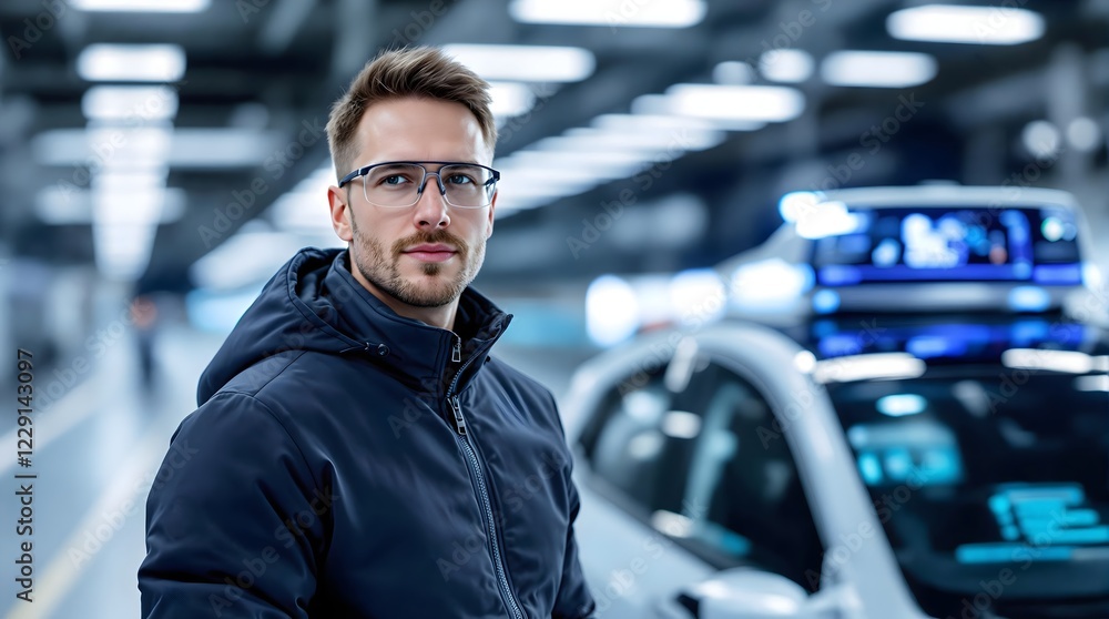 Obraz premium Engineer Evaluating Self-Driving Vehicle Technology in a High-Tech Facility (Industry)